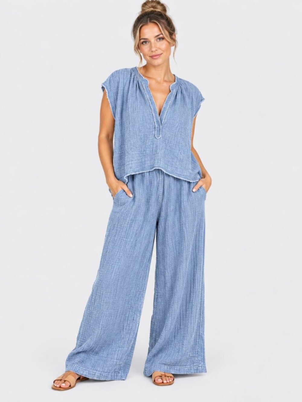 Aerie Women's XL Blue Gauze 2PC Set Wide Leg Pants Beach Boho Casual